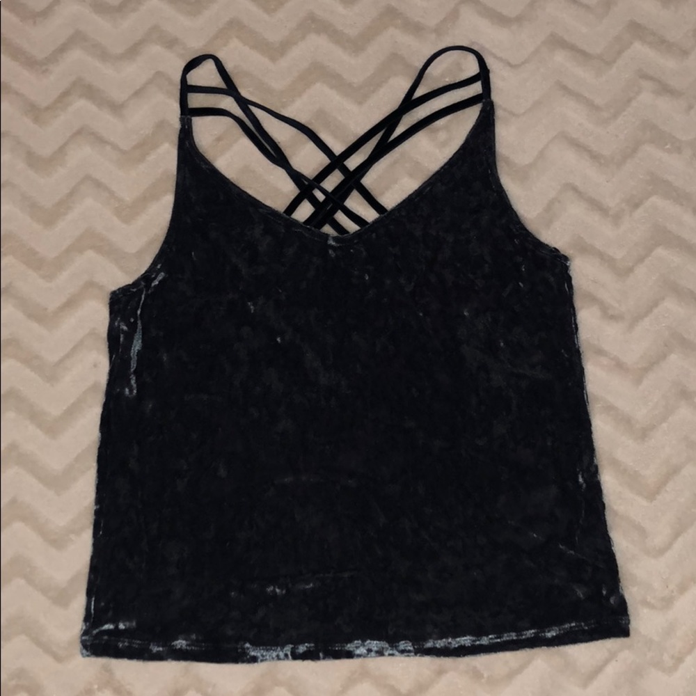 Blue, crushed velvet, cross-stripped, cropped tank